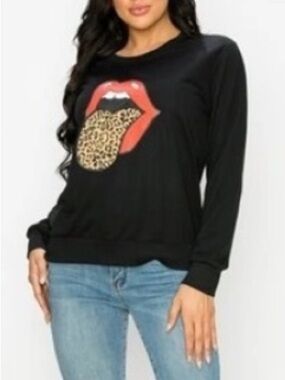 Rolling Stone Leopard 🐆 Printed 👅 Mouth Black Long Sleeves Shirt